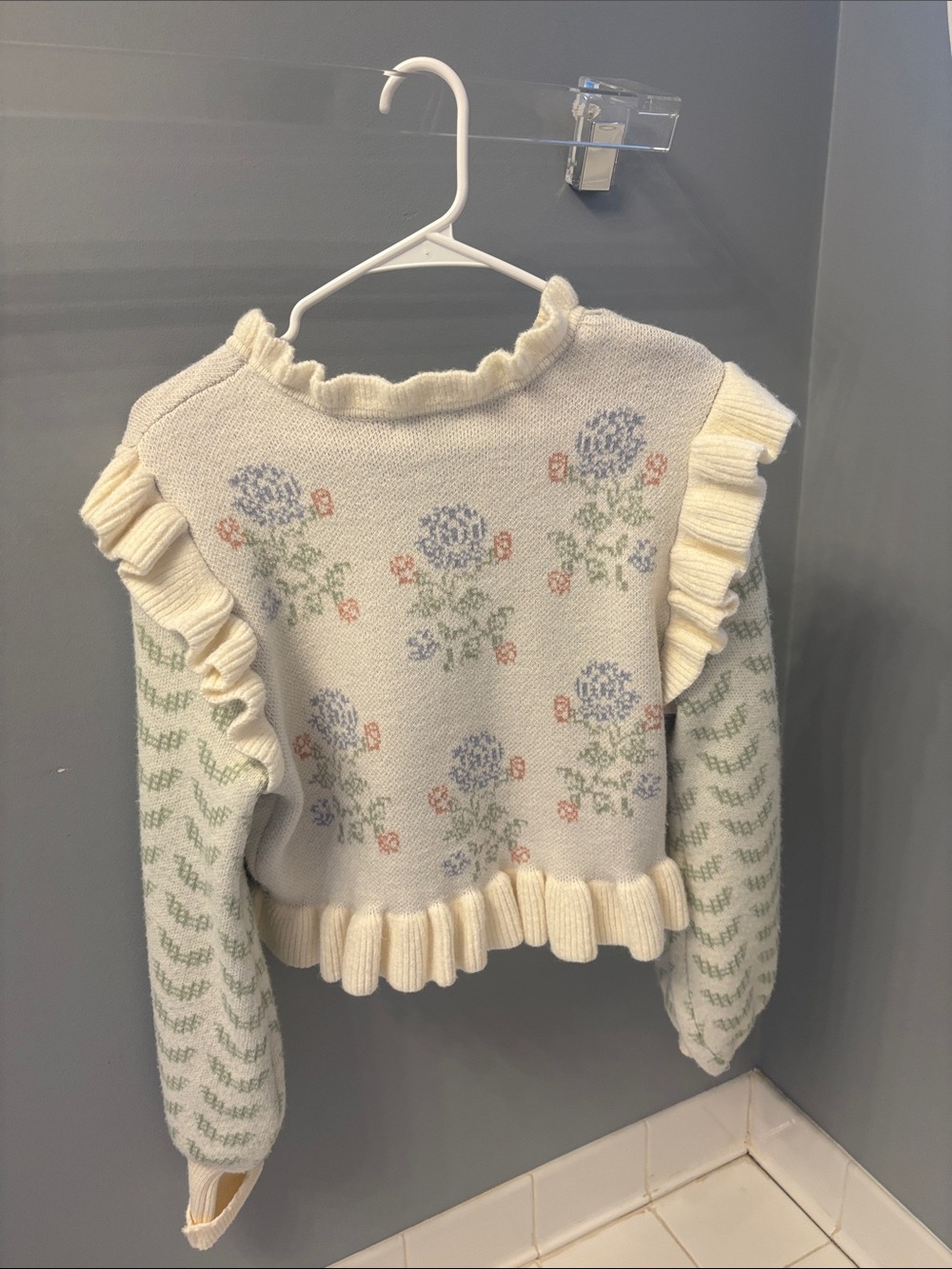 Floral Ruffle Knit Sweater in Cream by M.A.B. - Picture 3 of 3